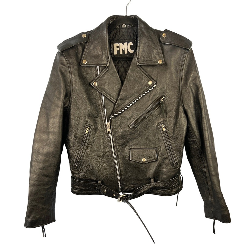 VTG FMC Mens Black Leather Cropped Moto Biker Jacket SZ 40 Grunge Heavy Metal